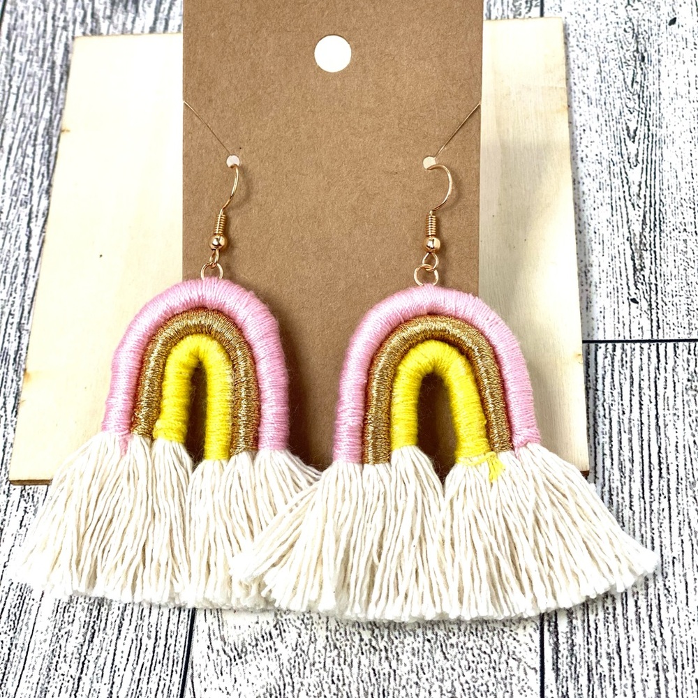 Gold Pink Yellow Rainbow Tassel Earrings
